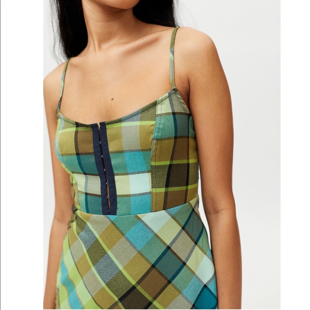 NWT UO 90s Y2K Lime Green Plaid Hook Front Dress - Picture 4 of 4